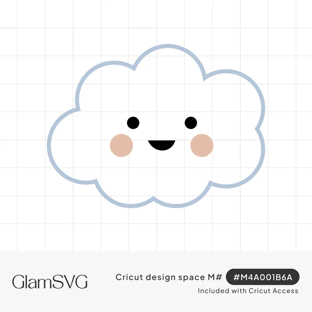 Cute white cloud with a light blue outline, black dot eyes, a small smile and peach blush cheeks