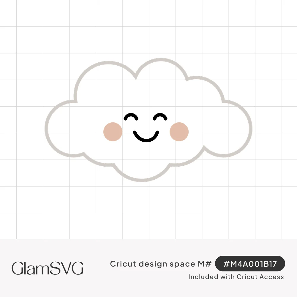 Cute white cloud with gray outline, closed smiling eyes, a black smile and peach blush cheeks