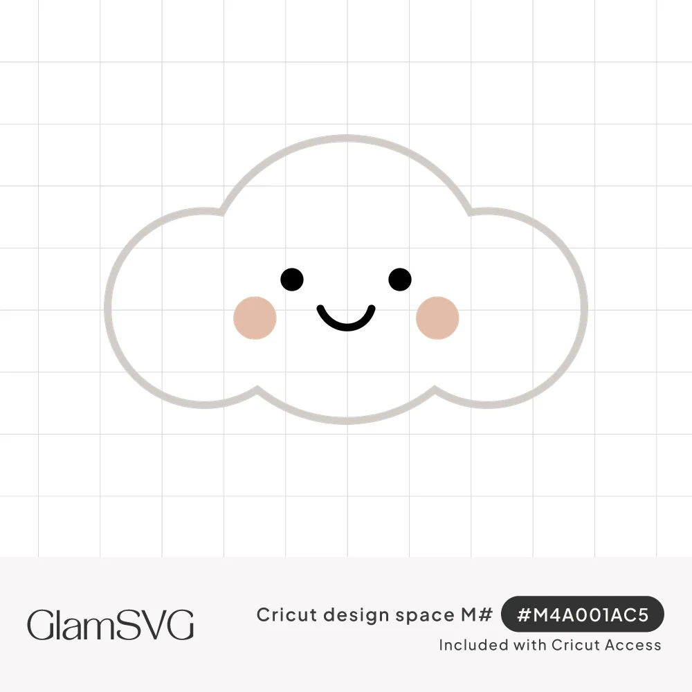 Cute white cloud with a gray outline, black dot eyes, a small smile and peach blush cheeks