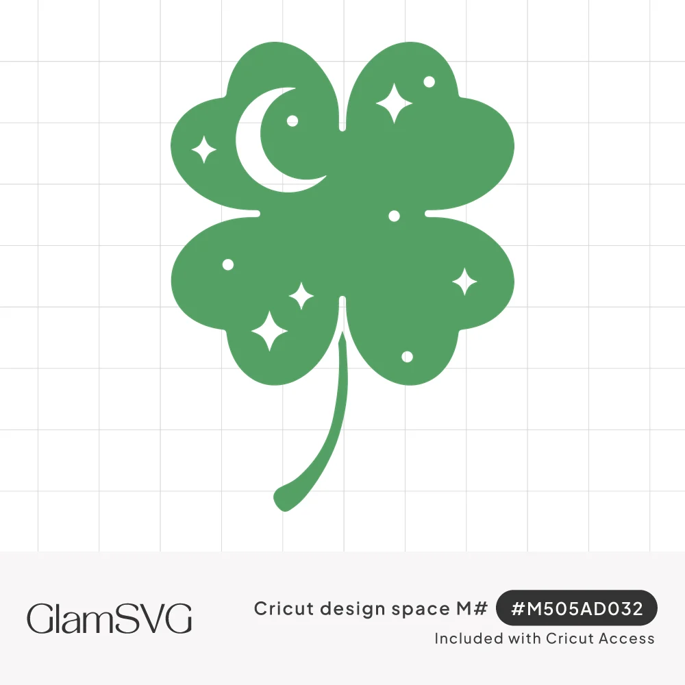 Green four leaf clover with a curved stem and cutout crescent moon, sparkling stars and dots inside the leaves
