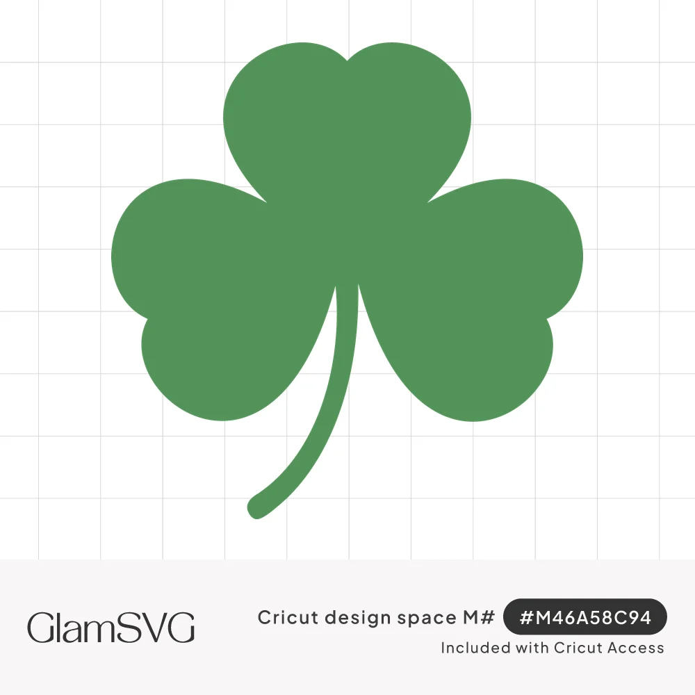 Solid green three-leaf shamrock with heart-shaped leaves and a thin curved stem on a white background