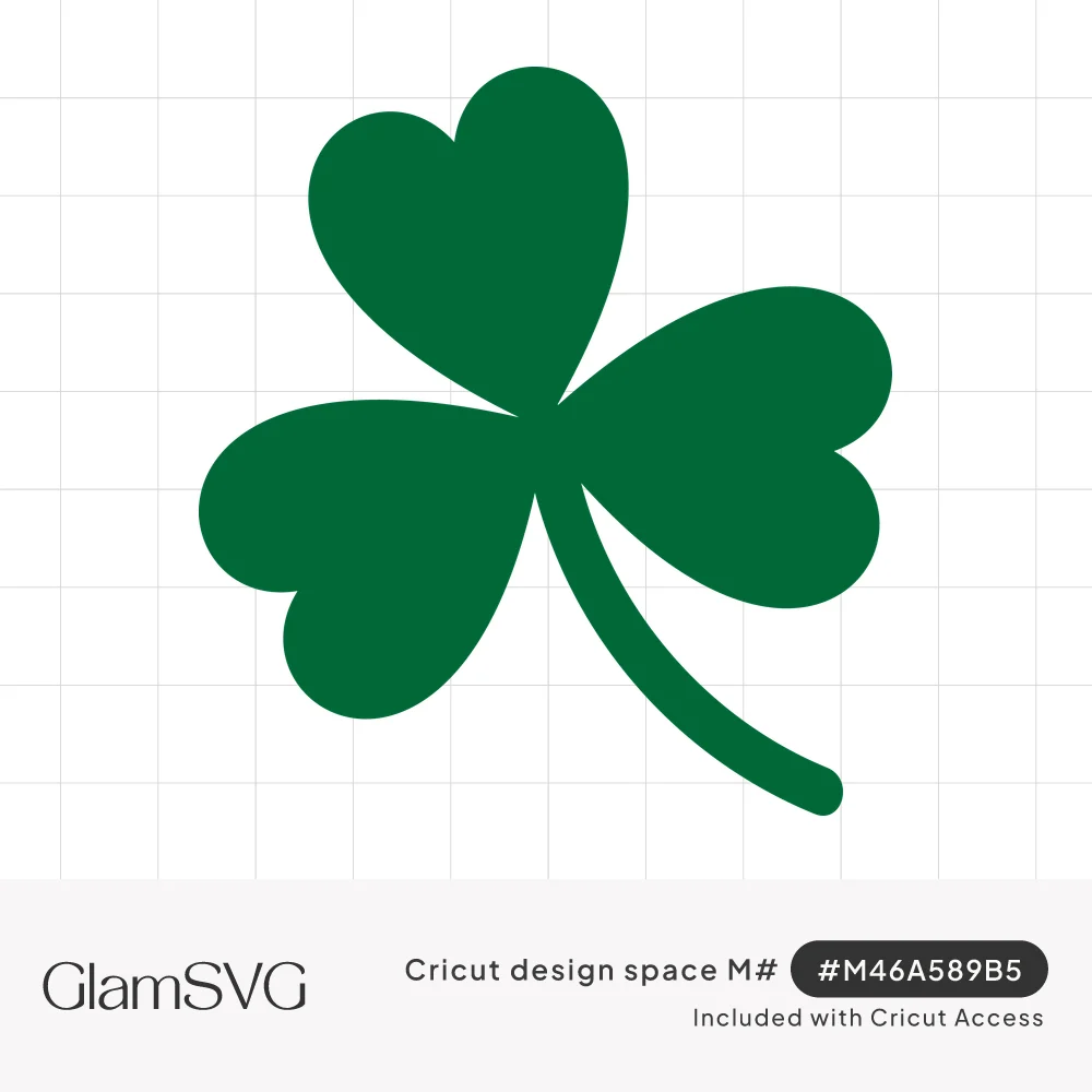 Solid green three-leaf shamrock with heart-shaped leaves and a curved stem on a white background