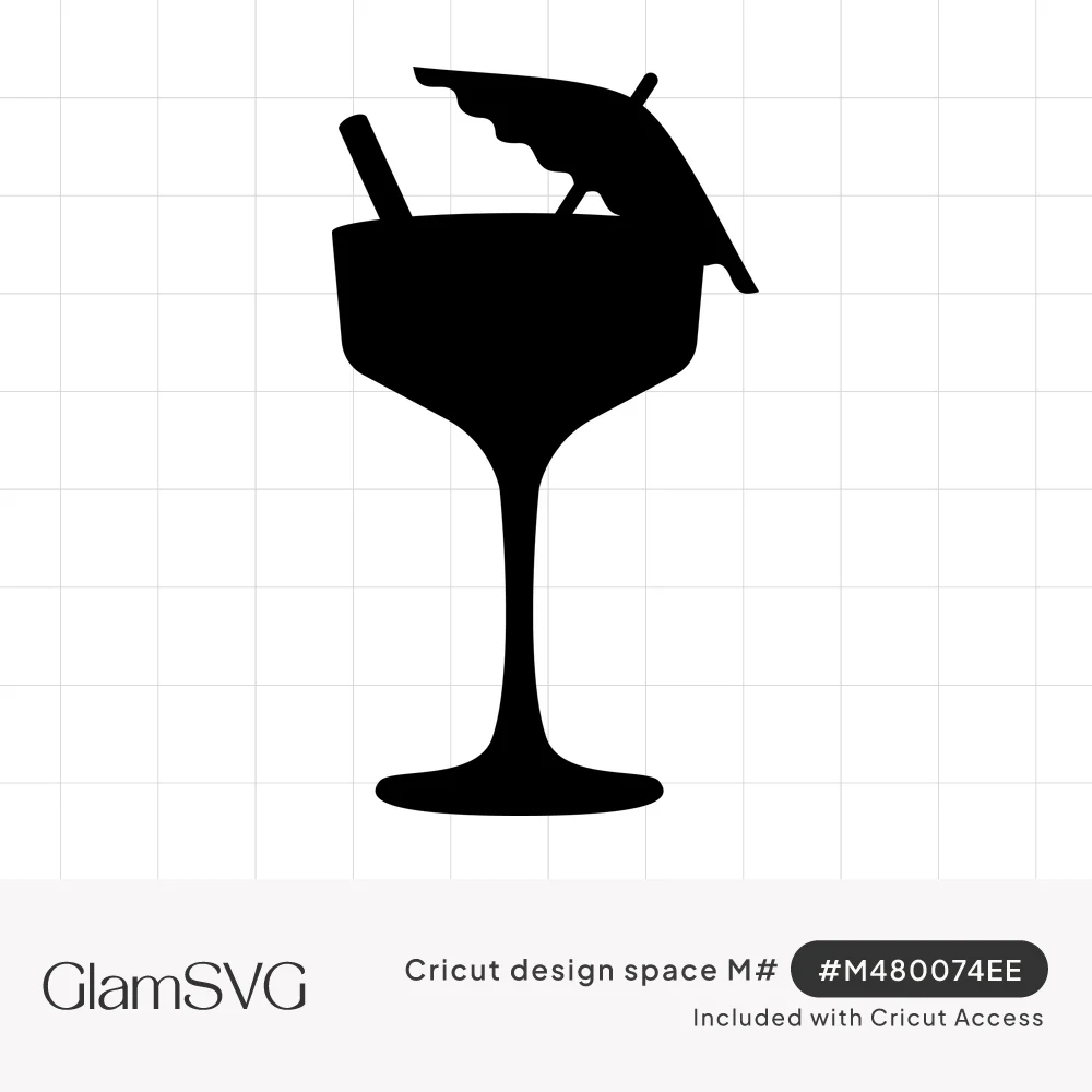 Black silhouette of a coupe cocktail glass with a straw and a small paper drink umbrella on the rim