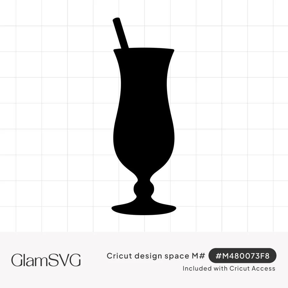 Black silhouette of a tall hurricane cocktail glass with a curved bowl, round stem base and an angled straw