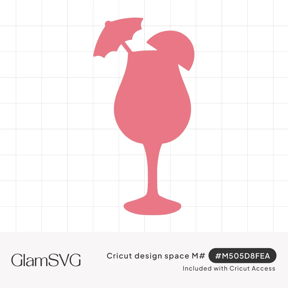 Solid pink silhouette of a tropical cocktail in a hurricane glass with a paper umbrella, straw and fruit slice