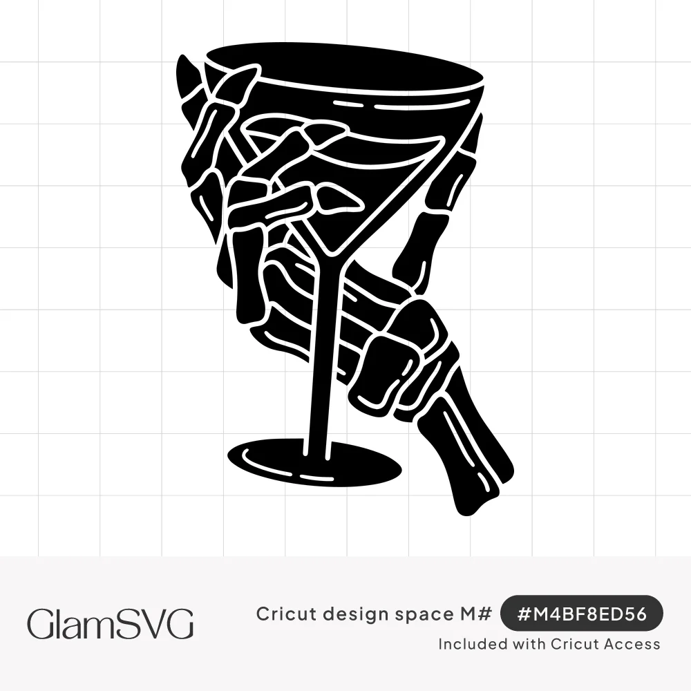 Black silhouette of a skeleton hand holding a martini glass, with white lines outlining the finger bones