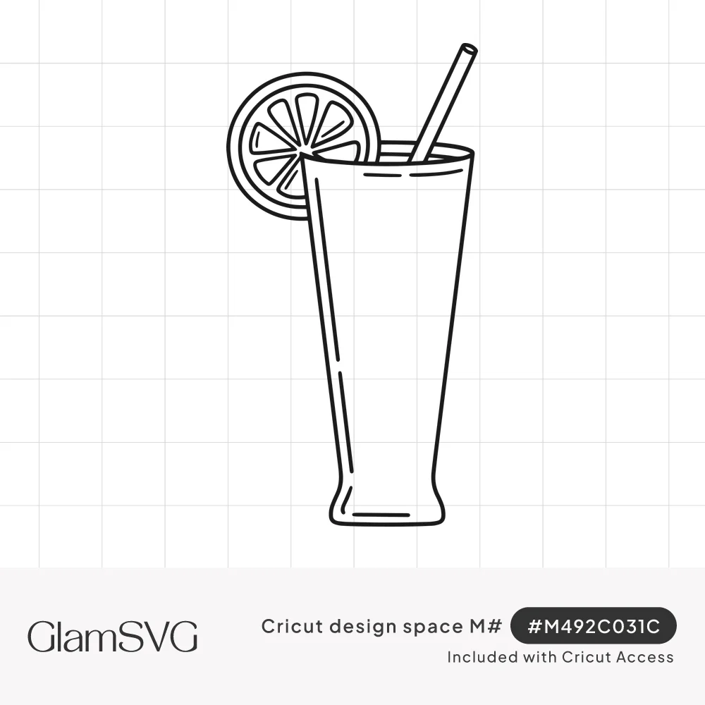 Black line drawing of a tall cocktail glass with a lemon slice on the rim and a straw