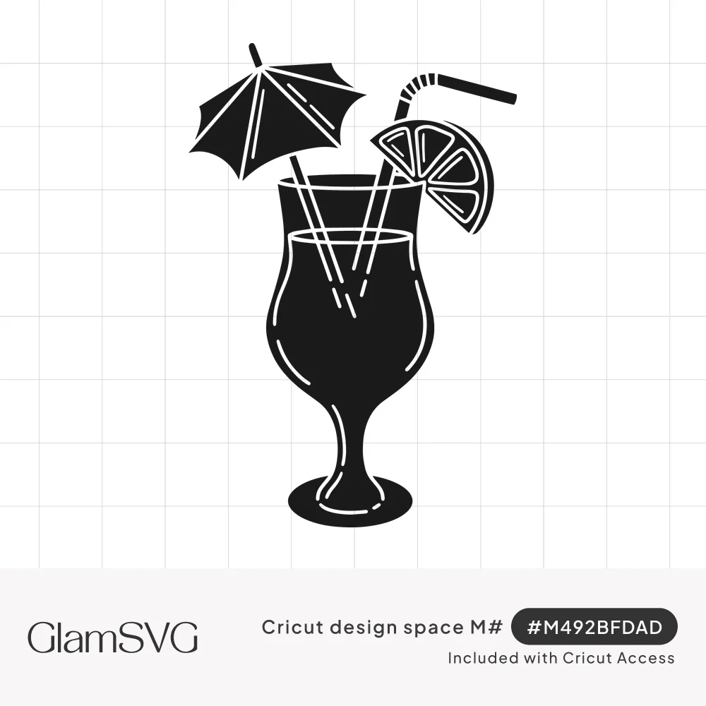 Black silhouette of a tropical cocktail in a hurricane glass with a paper umbrella, straw and citrus slice