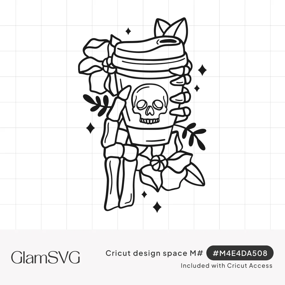 Line art of a skeleton hand holding a to-go coffee cup with a skull, surrounded by flowers, leaves and sparkles