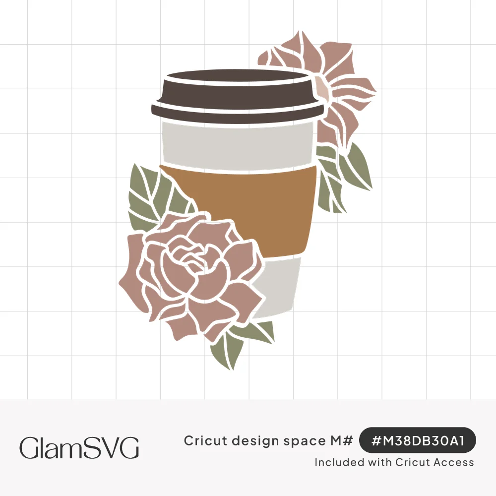 Layered takeaway coffee cup with brown lid and caramel sleeve surrounded by blush pink roses and sage green leaves