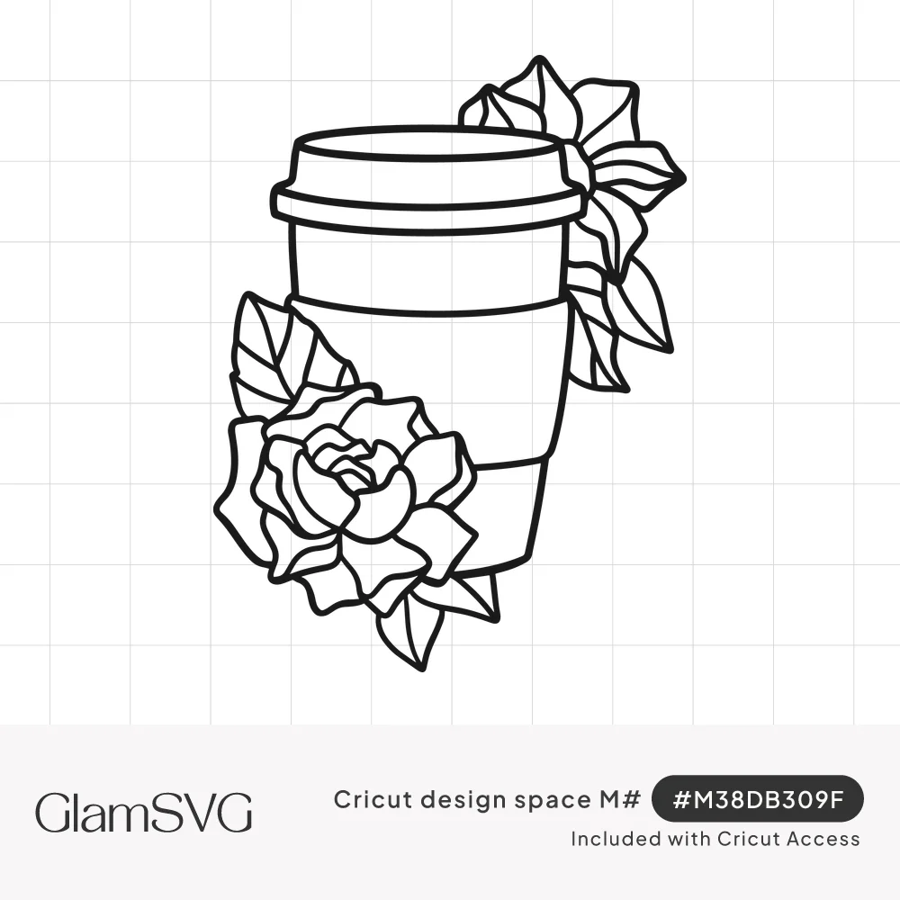 Black outline drawing of a to-go coffee cup with a lid and sleeve, with roses and leaves at the base and top