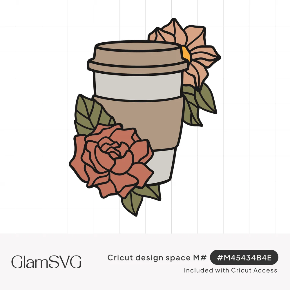 Illustrated to-go coffee cup in tan and gray with a terracotta rose, a blush flower and sage green leaves