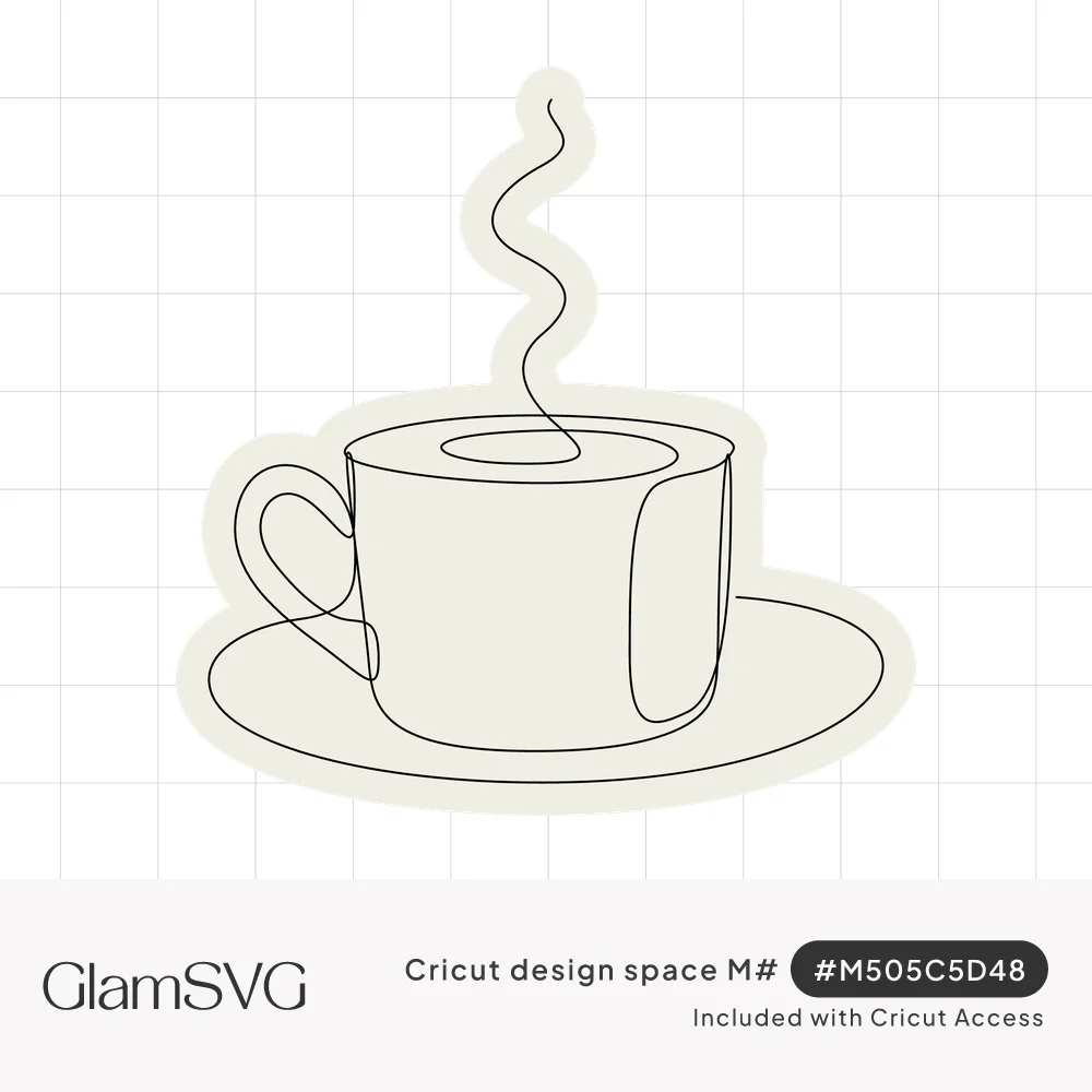 Continuous single line drawing of a coffee cup on a saucer with wavy steam, surrounded by a cream offset outline