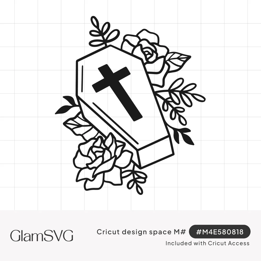 Line art coffin with a black cross on the lid, surrounded by two roses and leafy sprigs