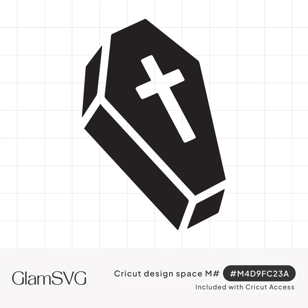 Black silhouette of a tilted coffin with a white cross on the lid and white lines marking its edges