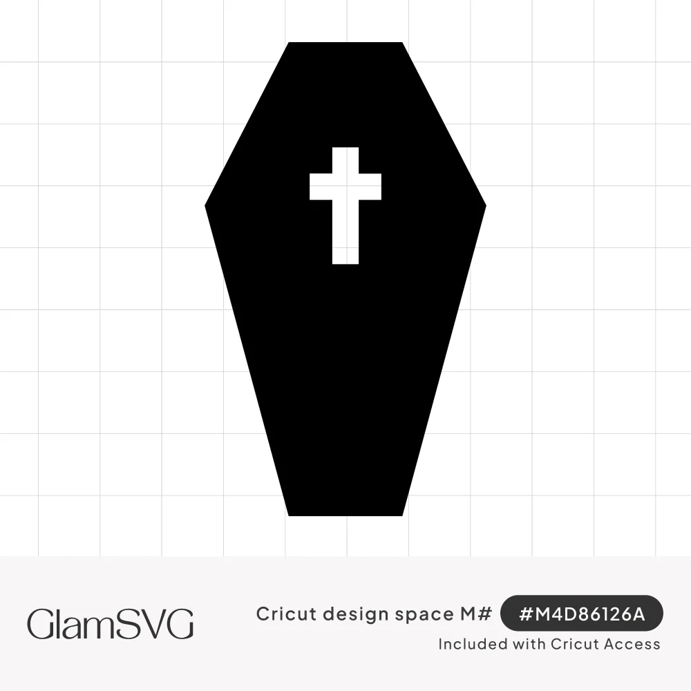 Solid black coffin silhouette with a white cross cut out near the top, simple Halloween design
