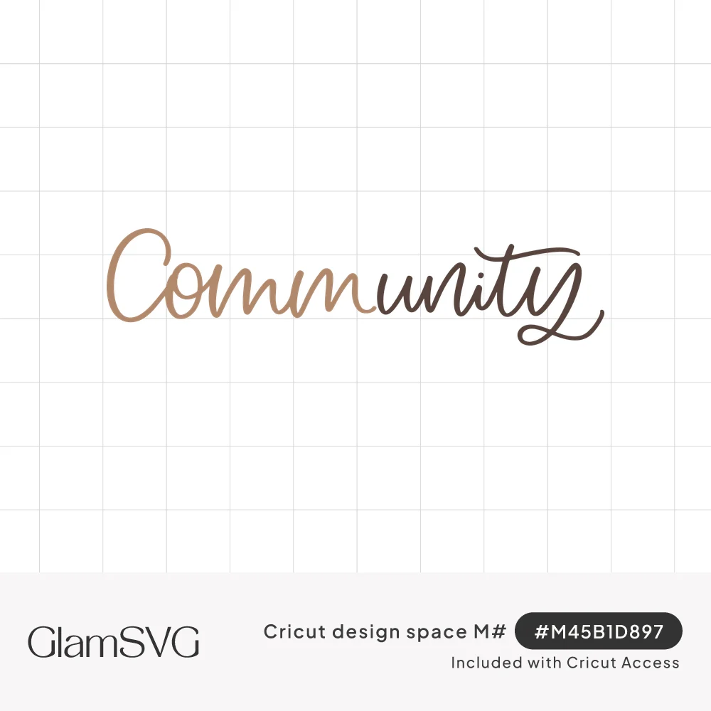 The word Community in flowing hand-lettered brush script, shading from light caramel to dark chocolate brown