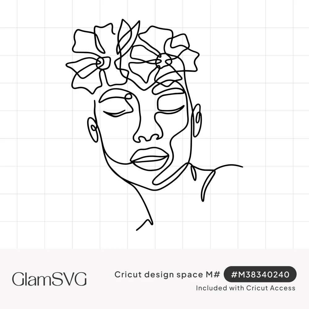 Continuous line drawing of a calm woman's face with closed eyes and large flowers tucked in her hair