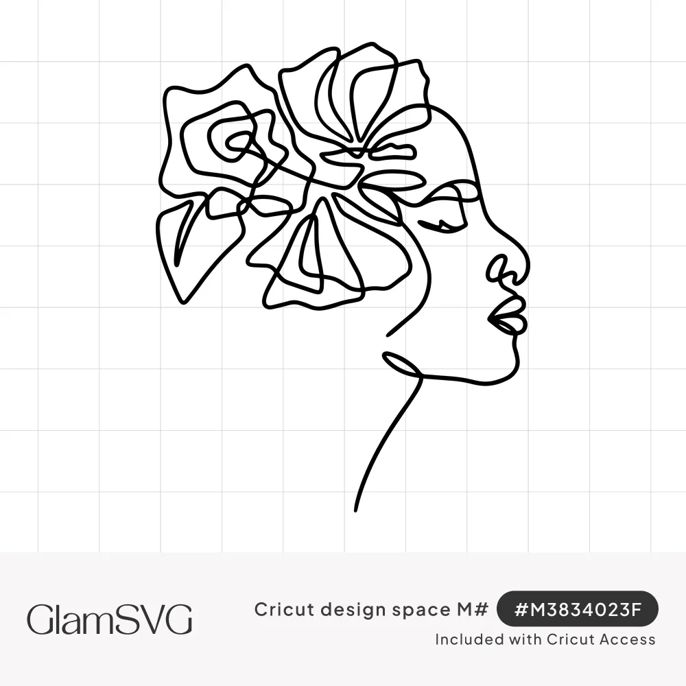 Continuous line drawing of a woman's face in profile with eyes closed and large roses in her hair