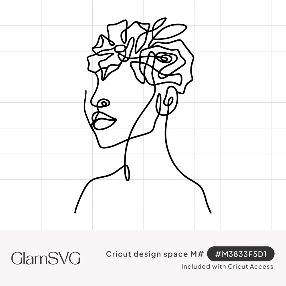 Black continuous line drawing of a woman's face and shoulders with roses and leaves in her hair and a drop earring