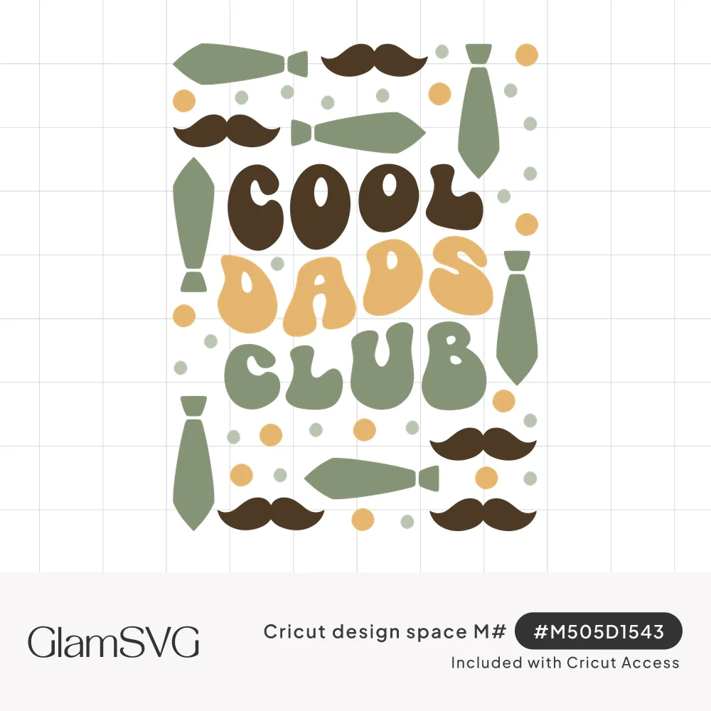 Retro bubble lettering reading Cool Dads Club surrounded by green neckties, brown mustaches and colorful dots