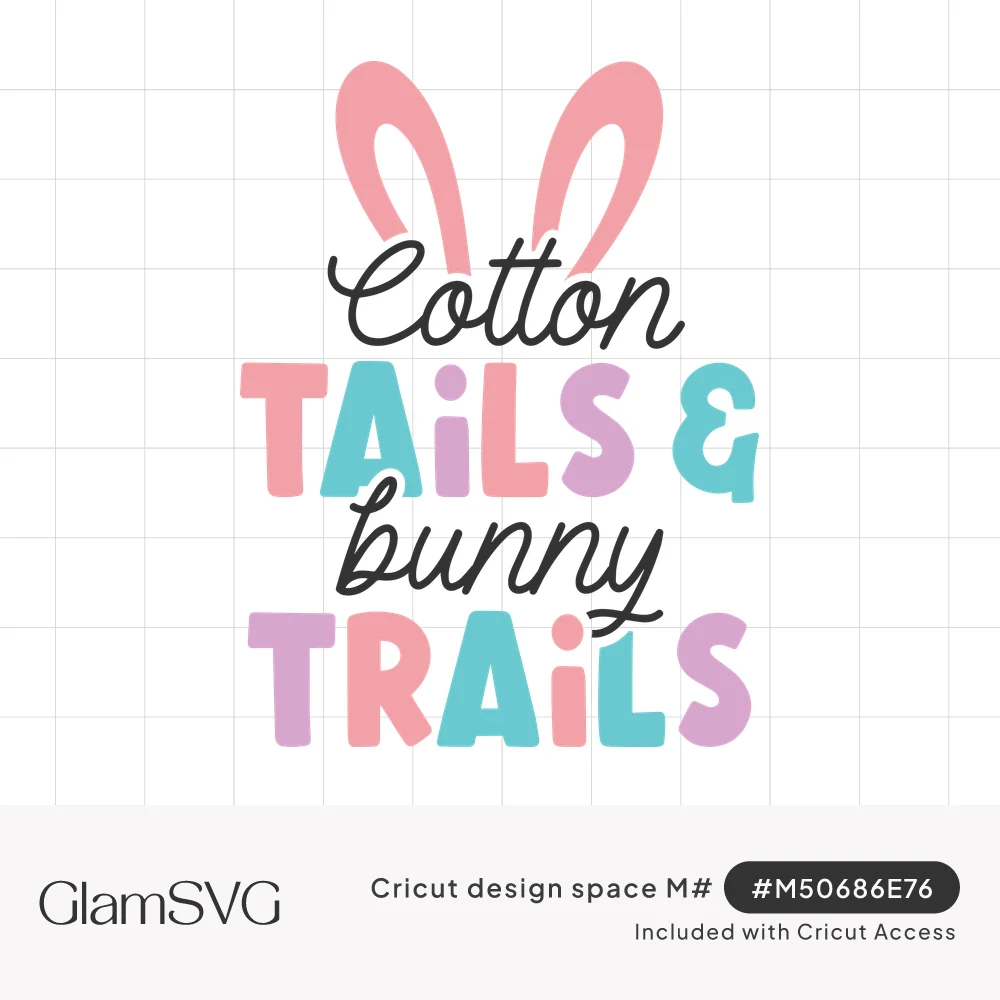 Pastel lettering reading Cotton Tails and Bunny Trails in pink, aqua, lilac and black script under pink bunny ears