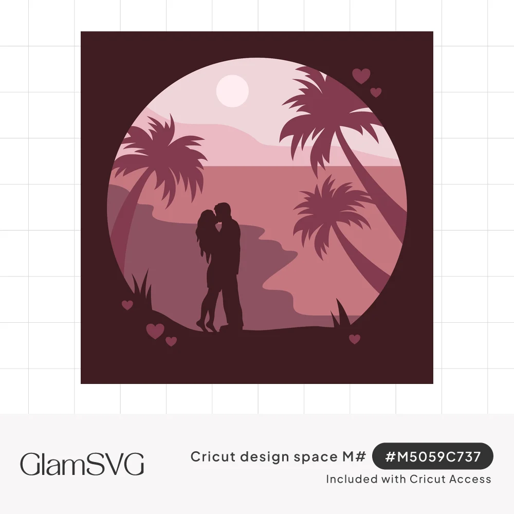 Silhouette of a couple kissing on a moonlit beach with palm trees inside a circle, framed by small hearts in pink and plum