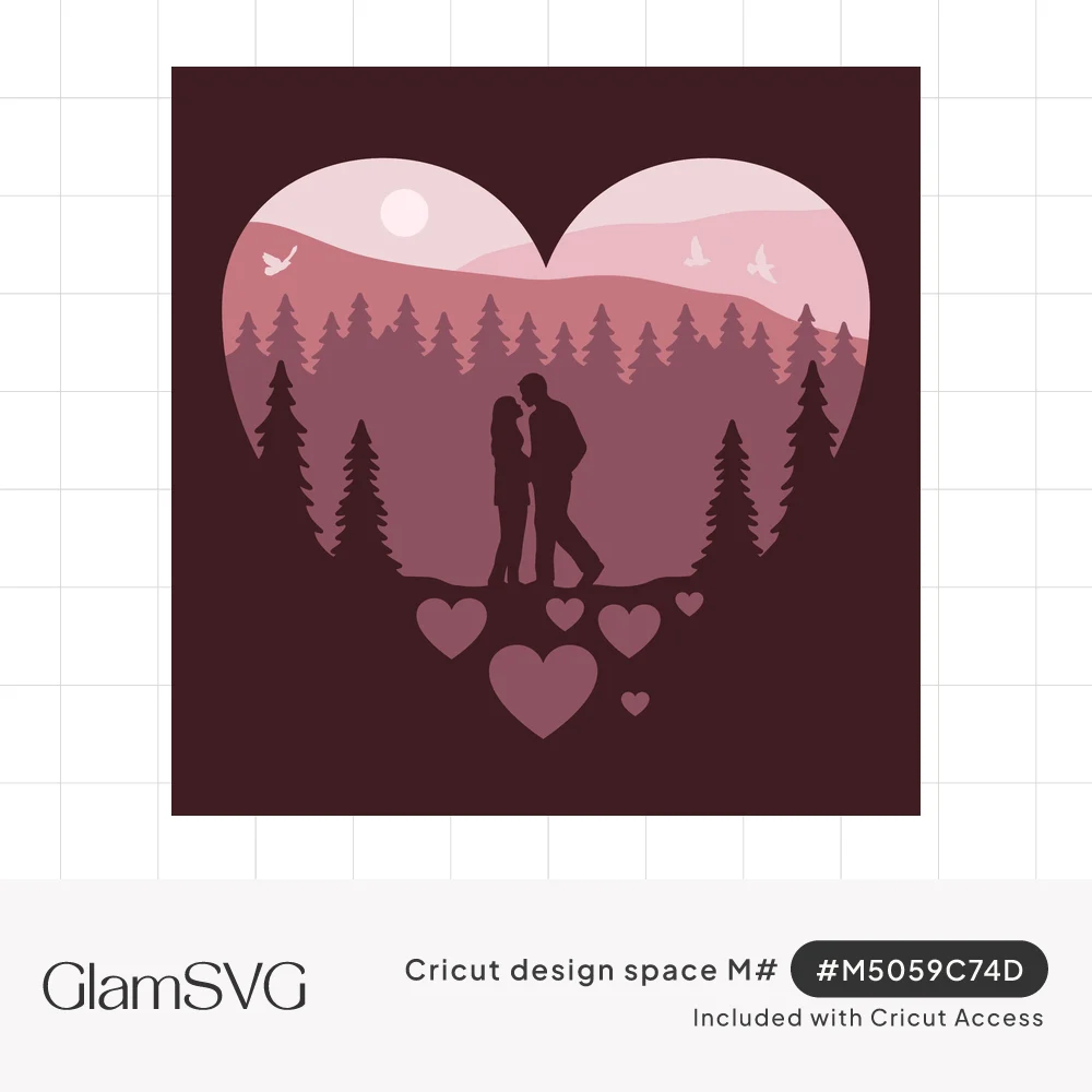 Layered heart shadow box with a couple kissing among pine trees, mountains, moon and birds in pink and plum