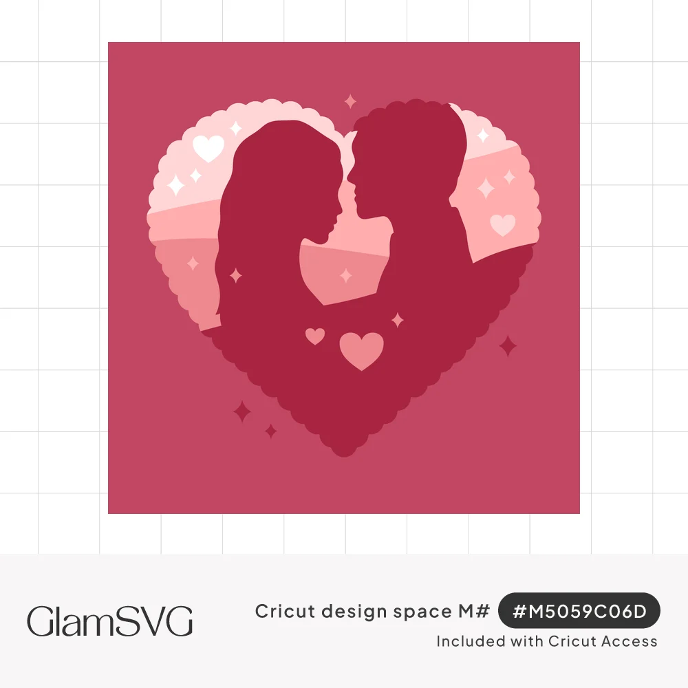 Silhouette of a couple about to kiss inside a scalloped pink heart with layered hills, small hearts and sparkles