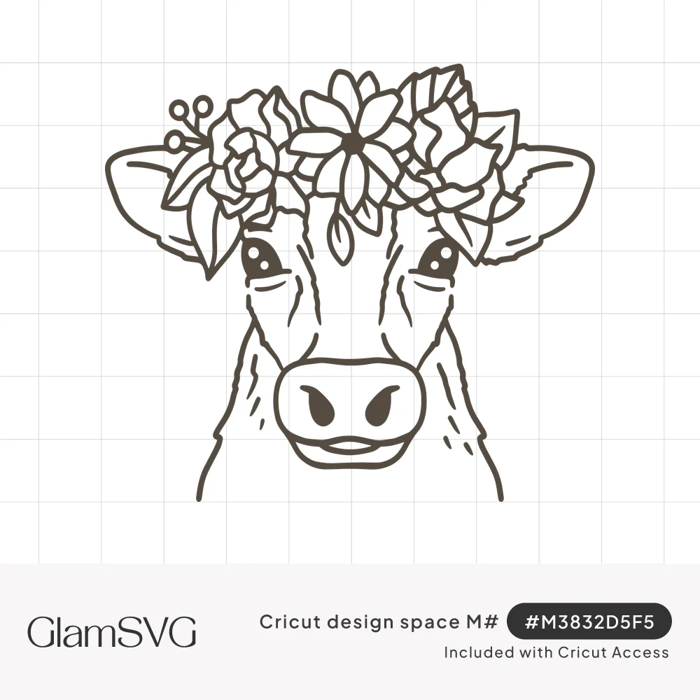 Line drawing of a cow's face wearing a crown of roses, leaves and wildflowers between its ears