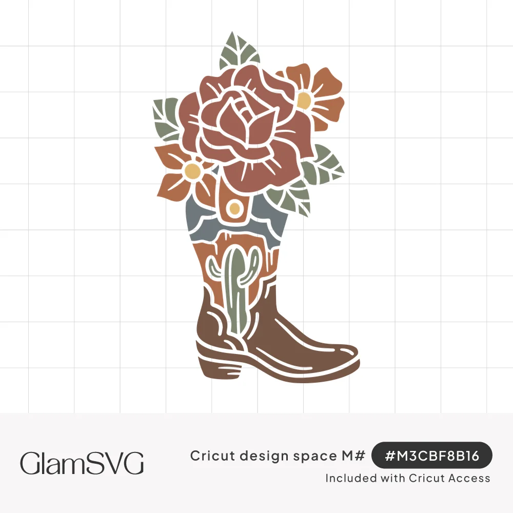Brown cowboy boot with a cactus stitch design holding a red rose, peach flowers and sage green leaves