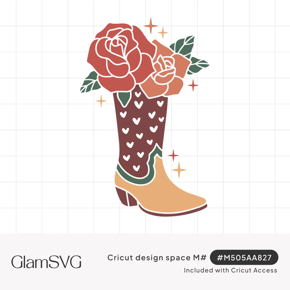 Burgundy cowboy boot with white hearts and a tan foot, filled with red and peach roses, green leaves and sparkles