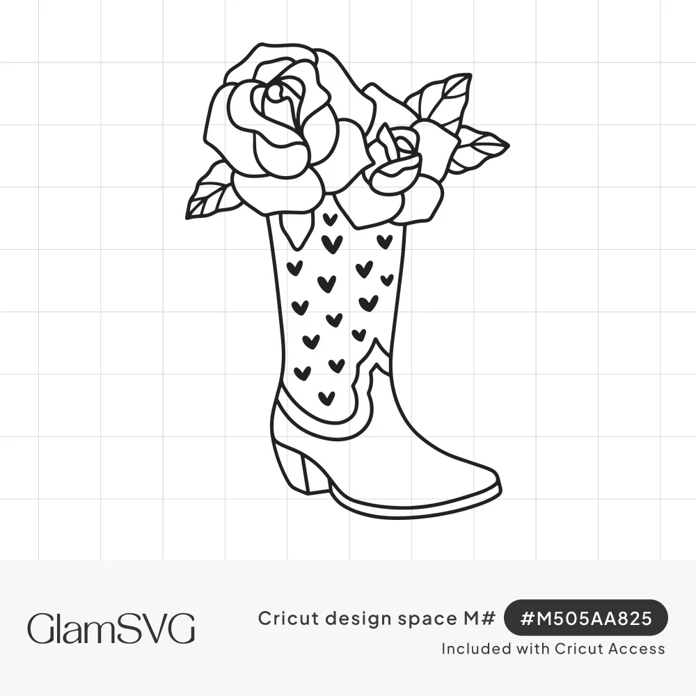 Line drawing of a cowboy boot decorated with small hearts, with two roses and leaves rising out of the top