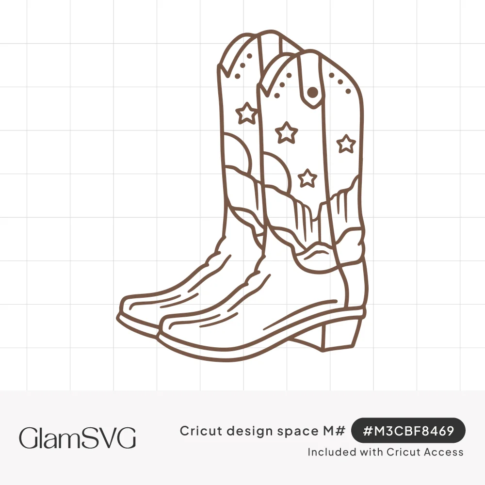 Line art illustration of a pair of cowboy boots decorated with stars, stitched scallops and pull tabs in brown outline
