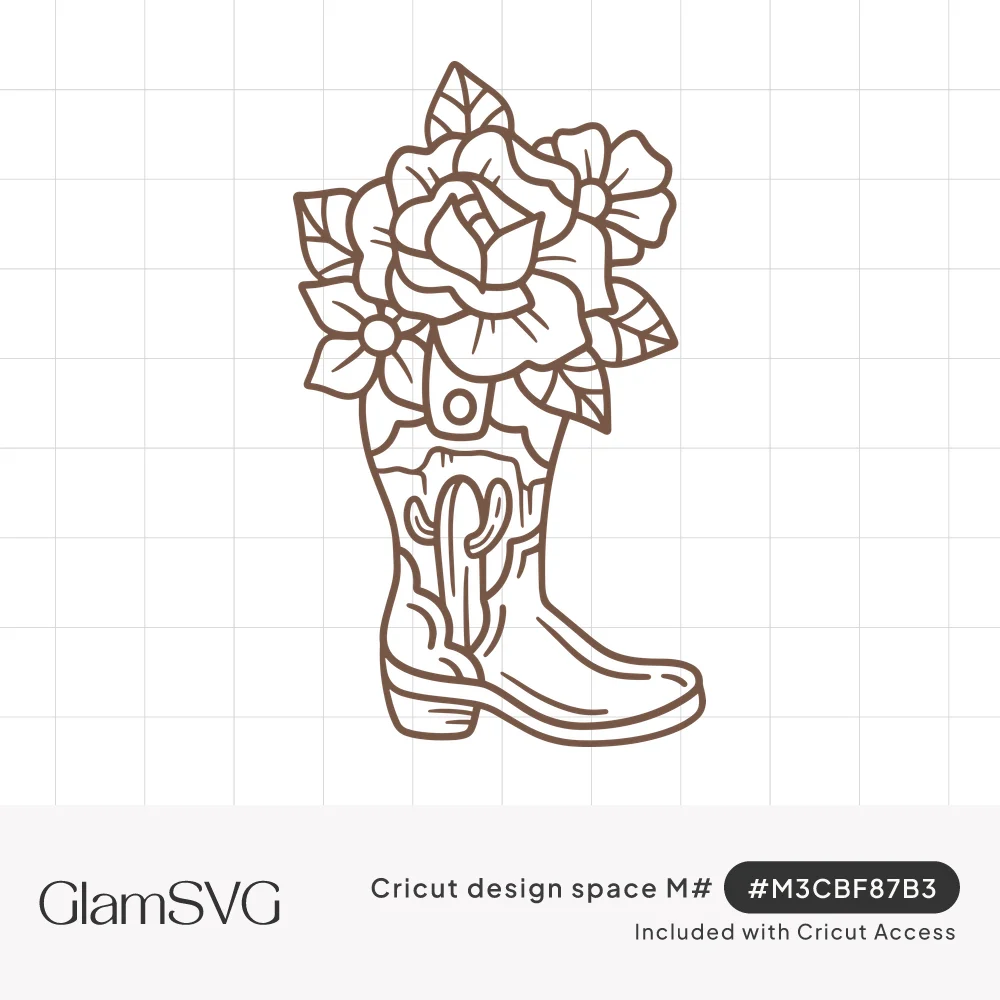 Outlined drawing of a cowboy boot with a cactus stitch design, filled with a rose, blooms and leaves