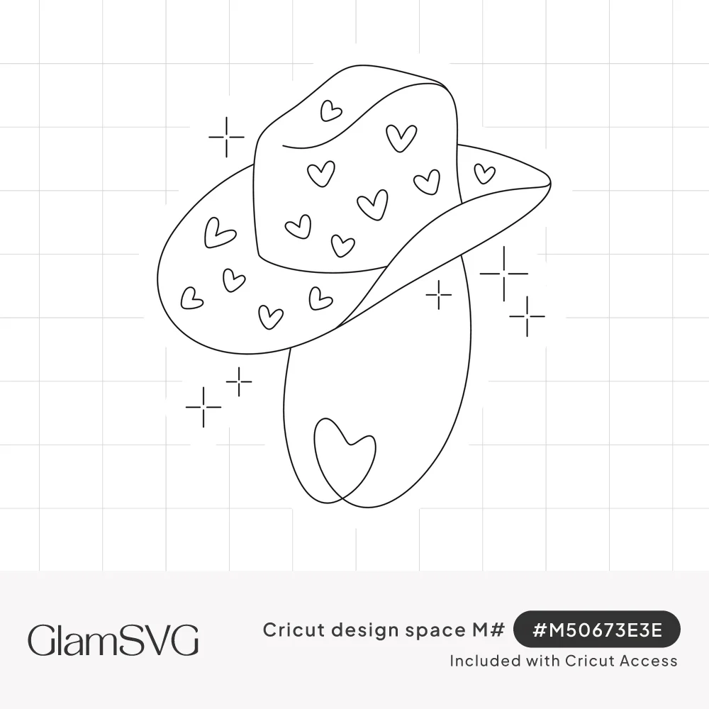 Line drawing of a cowboy hat covered in small hearts, with a looped heart cord and sparkles inside a sticker outline