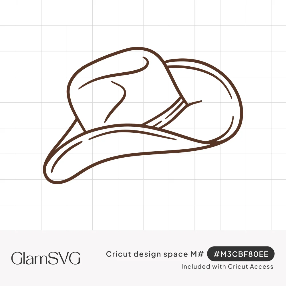 Brown line art drawing of a western cowboy hat with a curled brim, pinched crown and simple hat band
