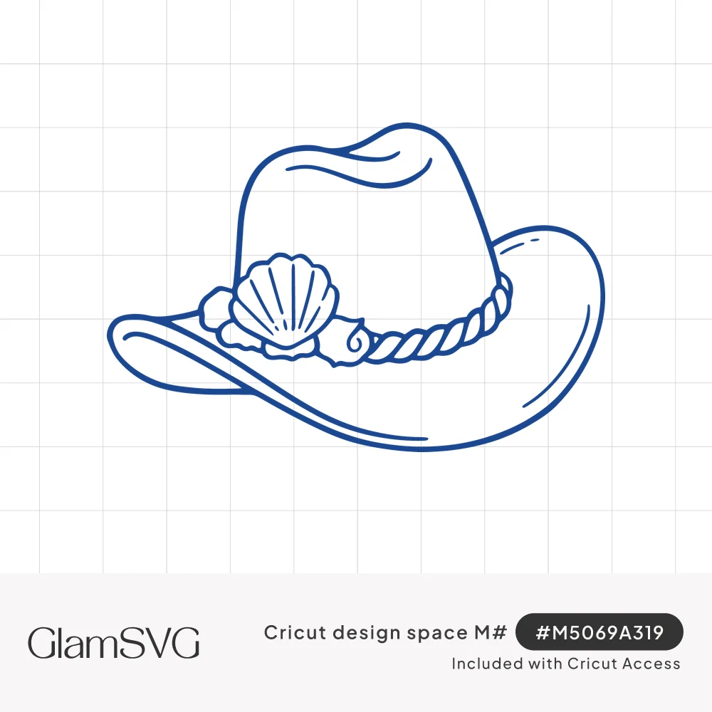 Blue line drawing of a cowboy hat with a twisted rope band decorated with a scallop seashell and small spiral shells