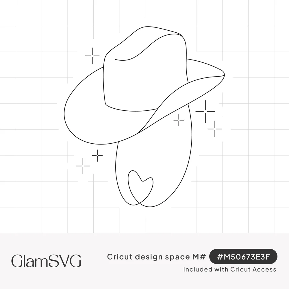 Line art cowboy hat with a looping lasso forming a heart, surrounded by sparkles inside a sticker outline
