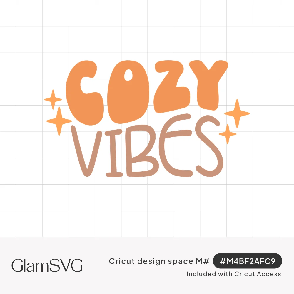 Orange bubble letters reading cozy above thin brown hand-lettered vibes, surrounded by small orange sparkles