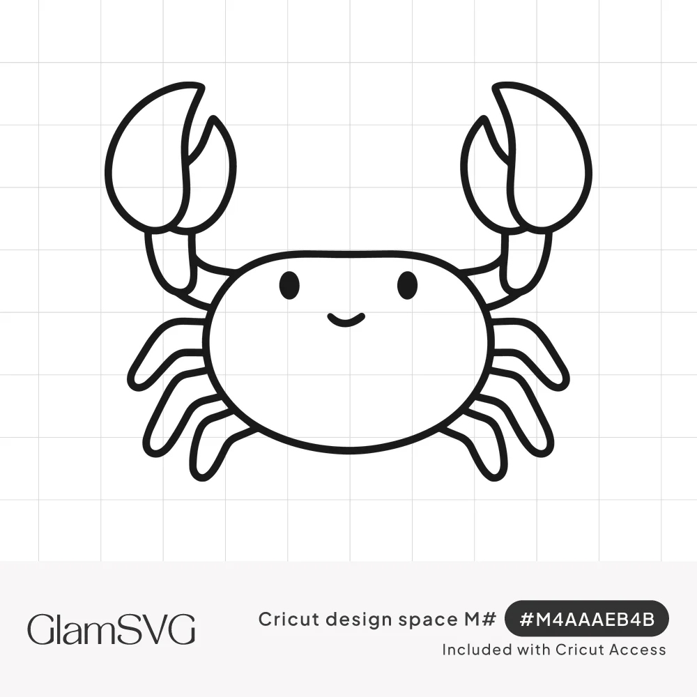 Black outline drawing of a cute round crab with dot eyes, a small smile, raised claws and thin legs