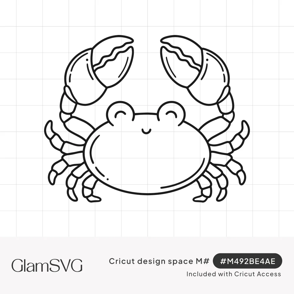 Black outline drawing of a smiling cartoon crab with two raised claws, round eyes and segmented legs on each side
