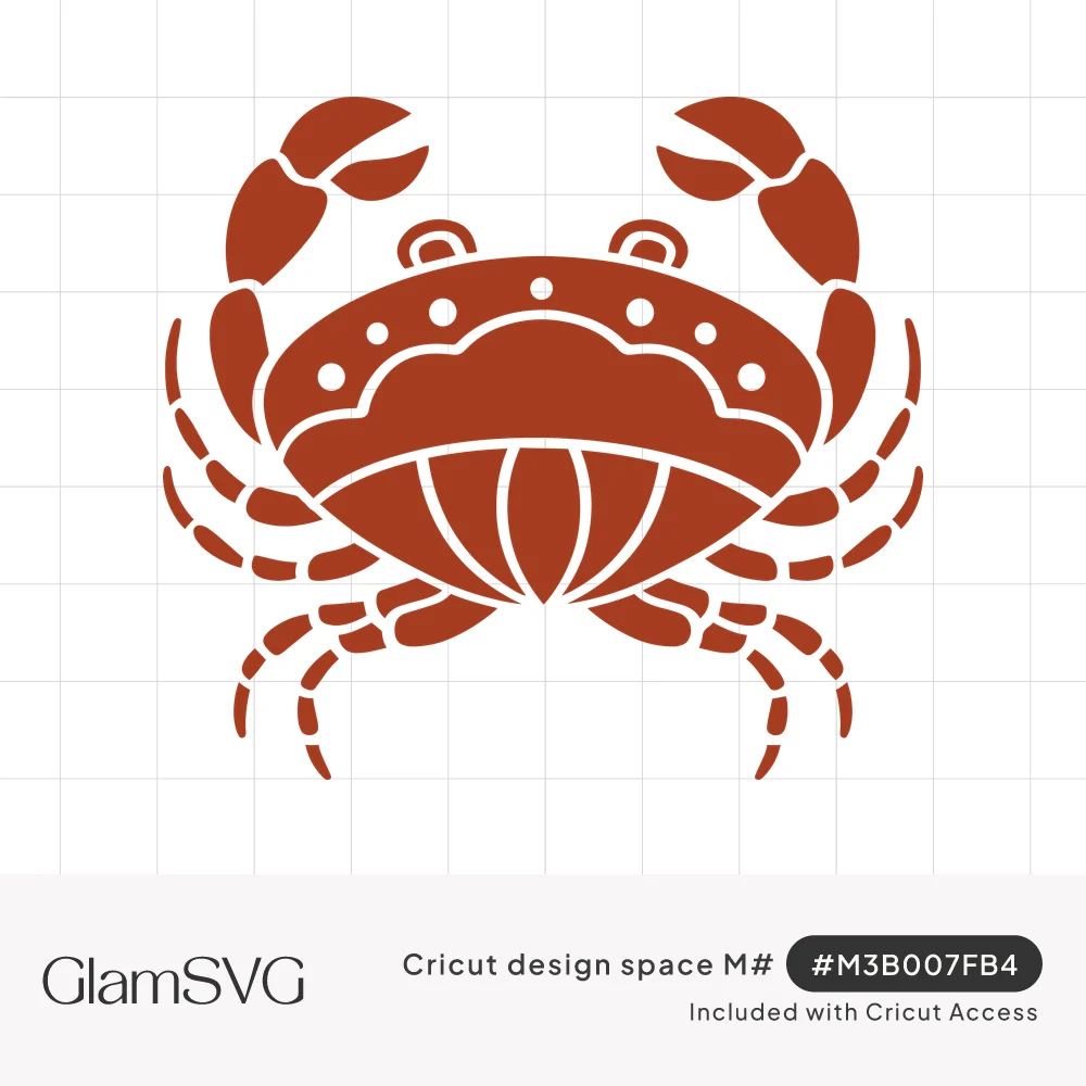Rust red silhouette of a crab with raised claws, dotted scalloped shell and segmented legs in cutout lines