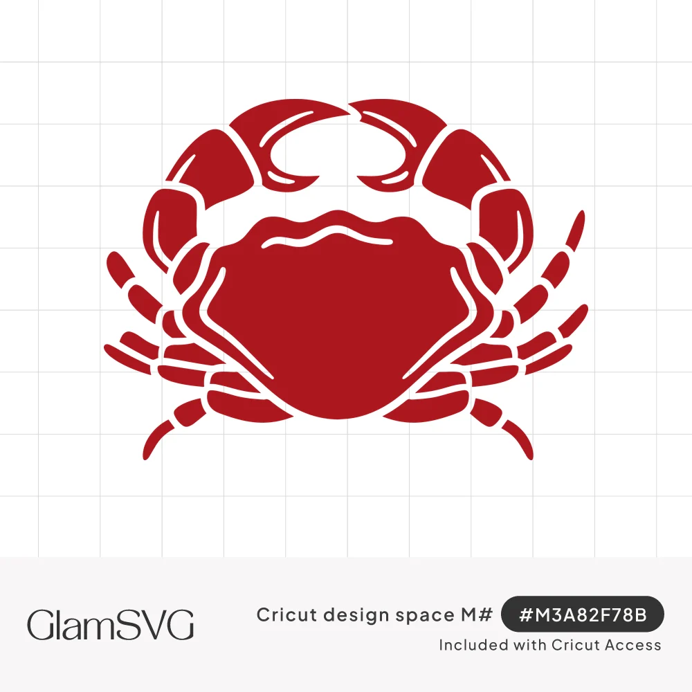 Solid red crab silhouette with raised claws, eight legs and thin cutout lines detailing the shell