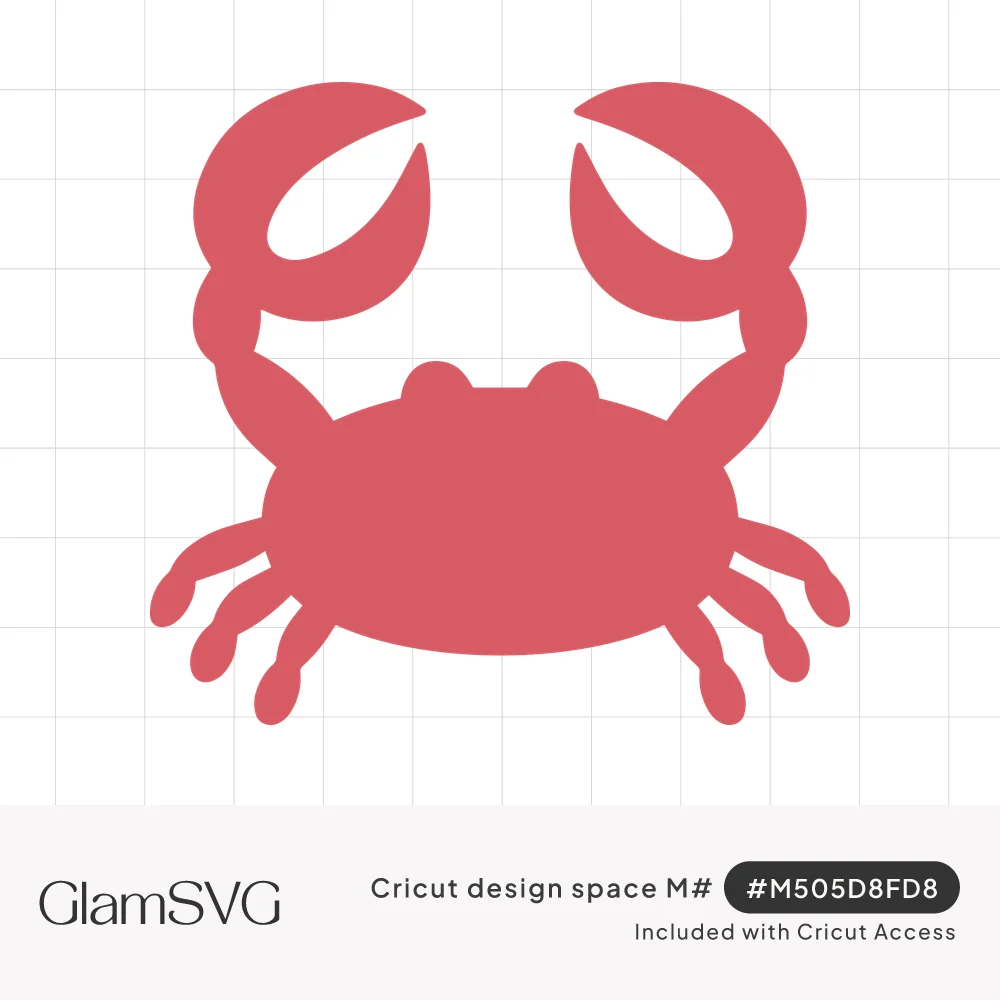 Solid coral-red crab silhouette with two raised curved claws, small round eyes and eight legs spread to the sides