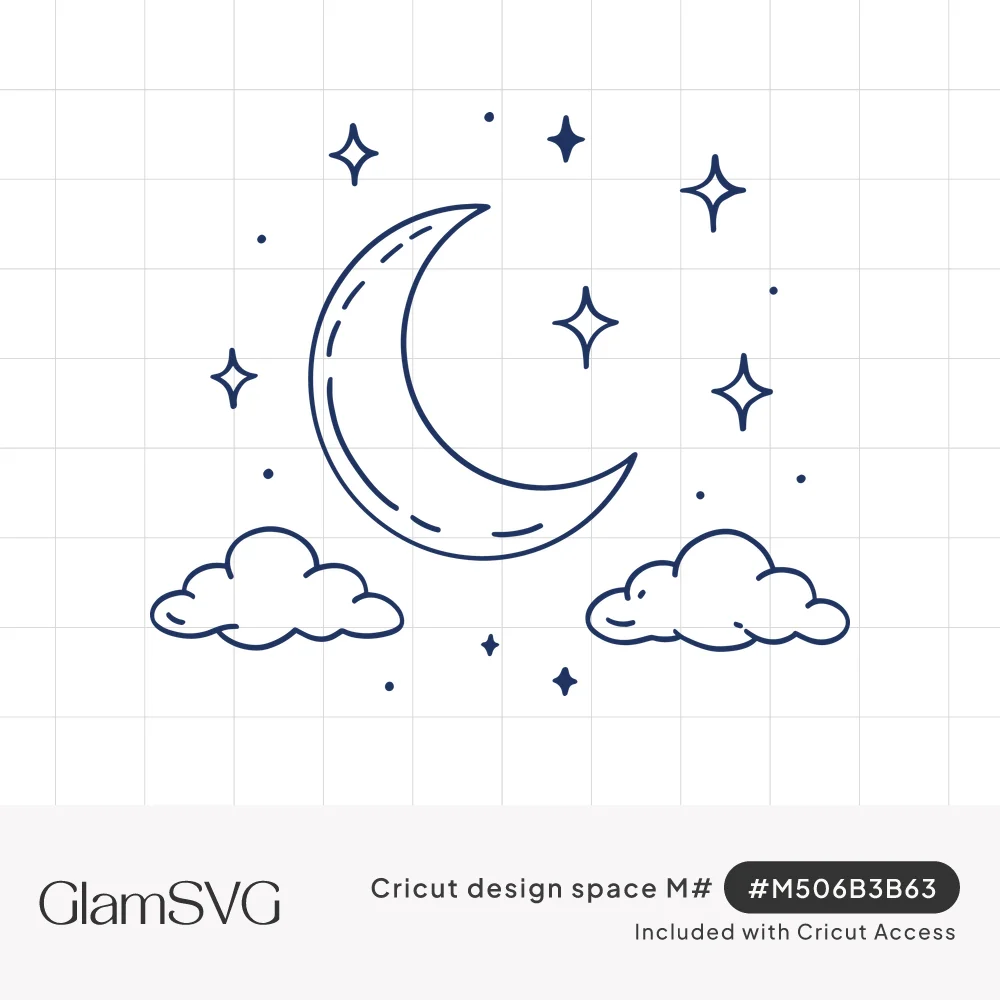 Outlined crescent moon with a dashed inner line, four-point stars, small dots and two puffy clouds in navy line art