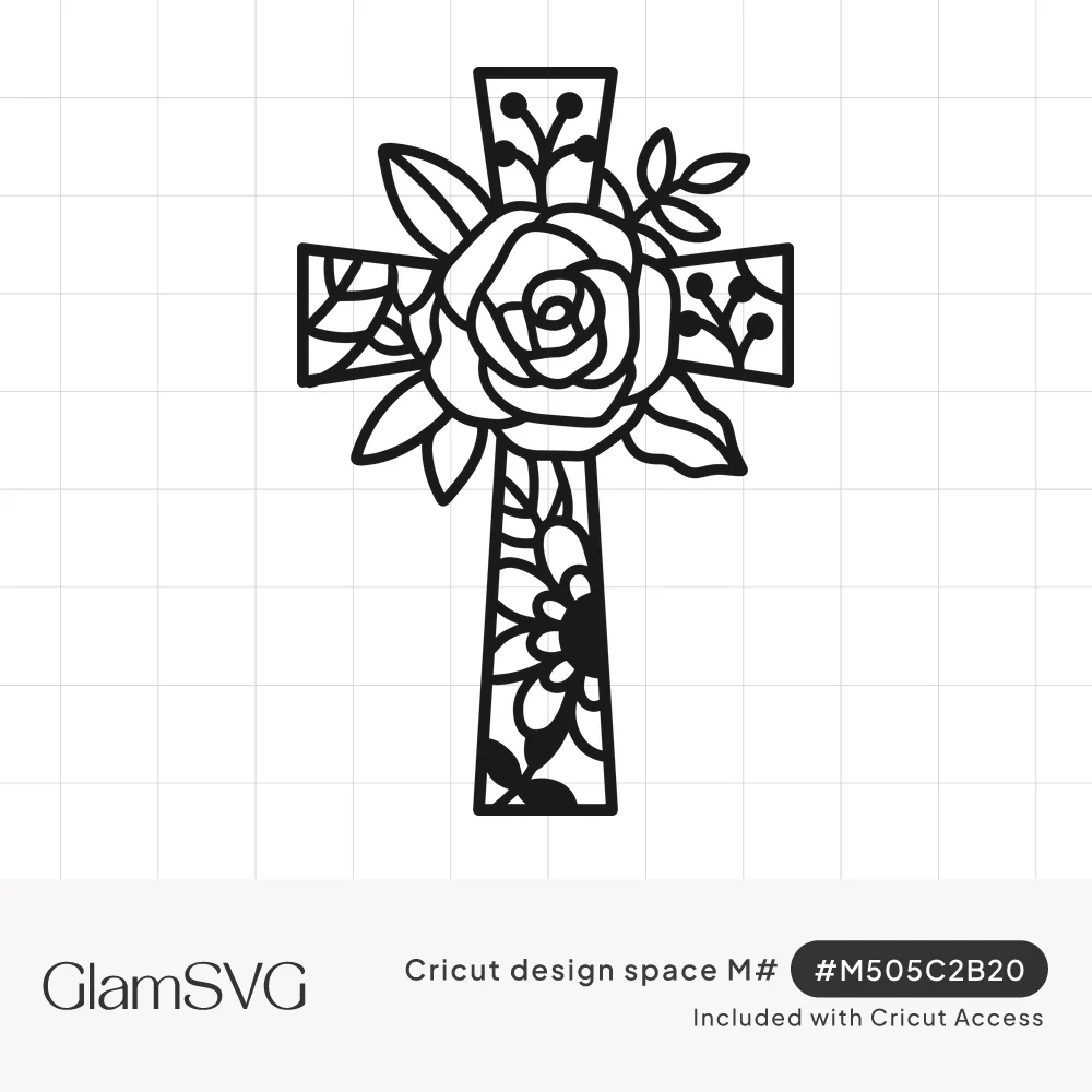 Black line art cross with a large rose at the center, leaves and berry sprigs, and flower cutouts filling the arms