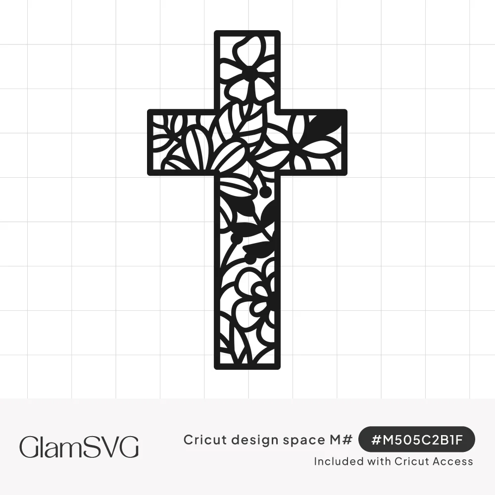 Black silhouette of a Christian cross filled with an openwork pattern of flowers, leaves and petals inside a solid border
