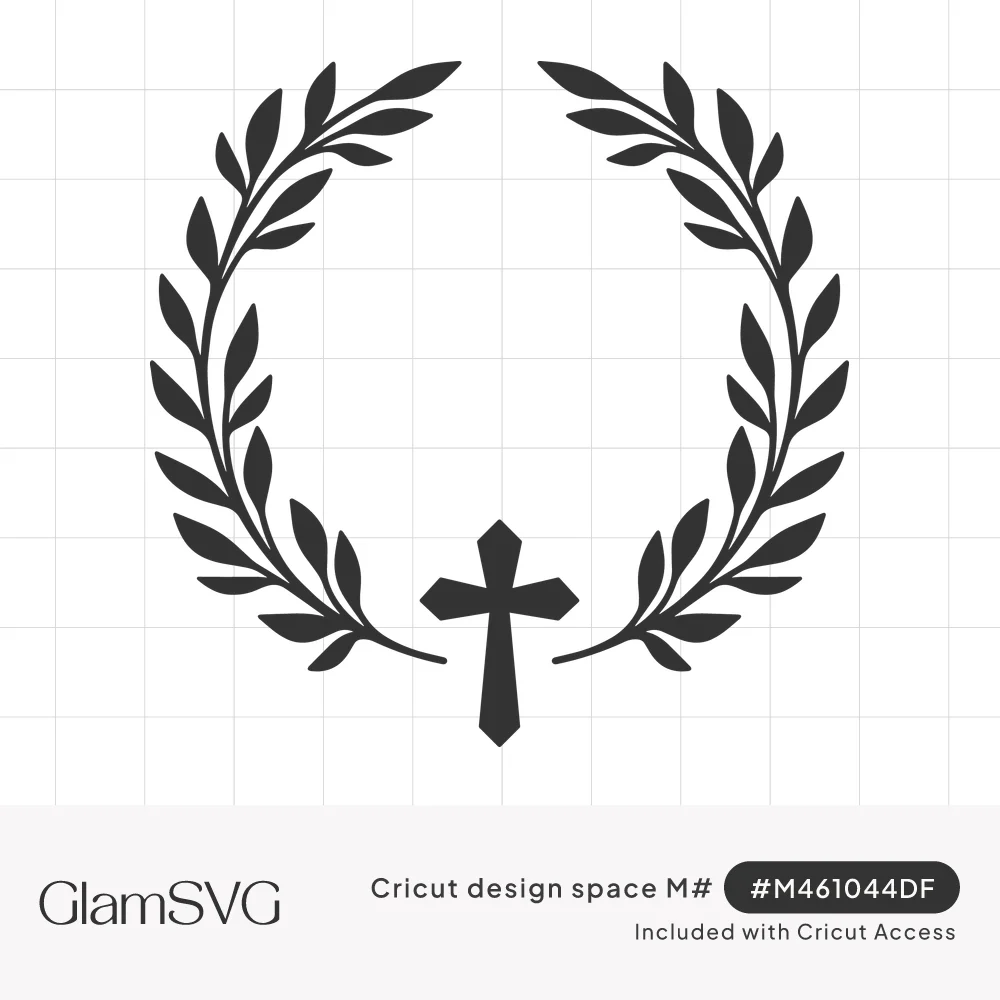 Black silhouette of a Christian cross at the bottom of an open laurel wreath with curving leafy branches