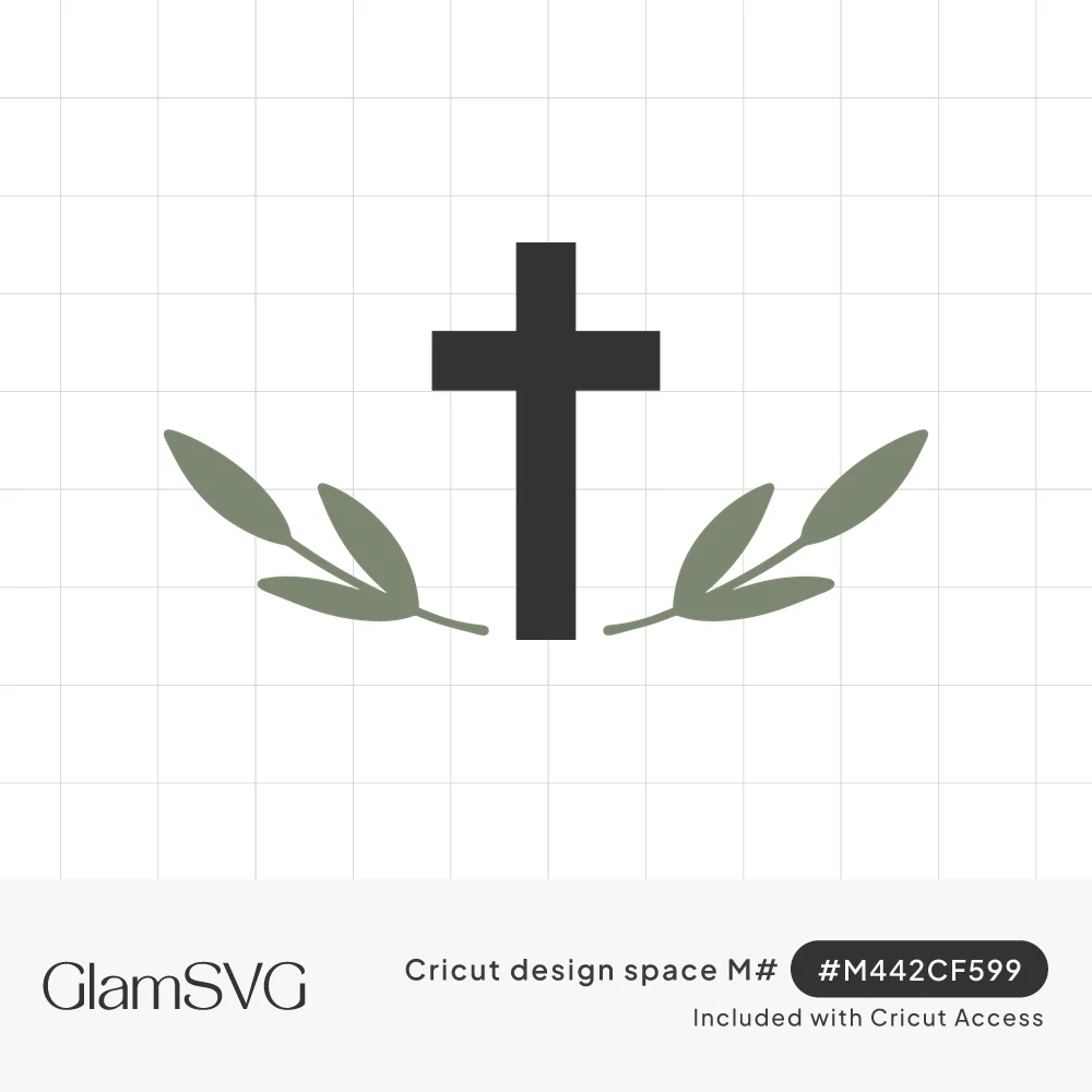 Dark charcoal Christian cross with two sage green olive branches curving out from its base on either side